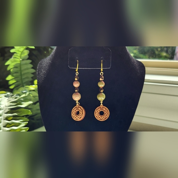 ARTISAN Wooden Double Dragon Charm Statement Dangle Earrings / Pierced - Picture 3 of 5